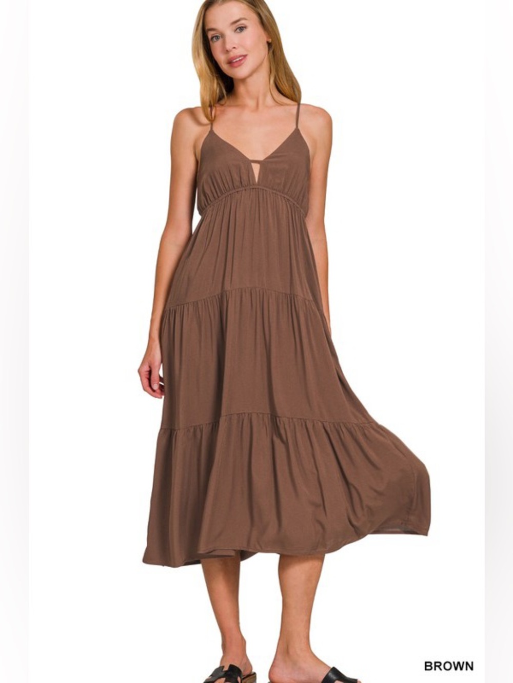 Brown Tiered Spaghetti-Strap Midi Dress
